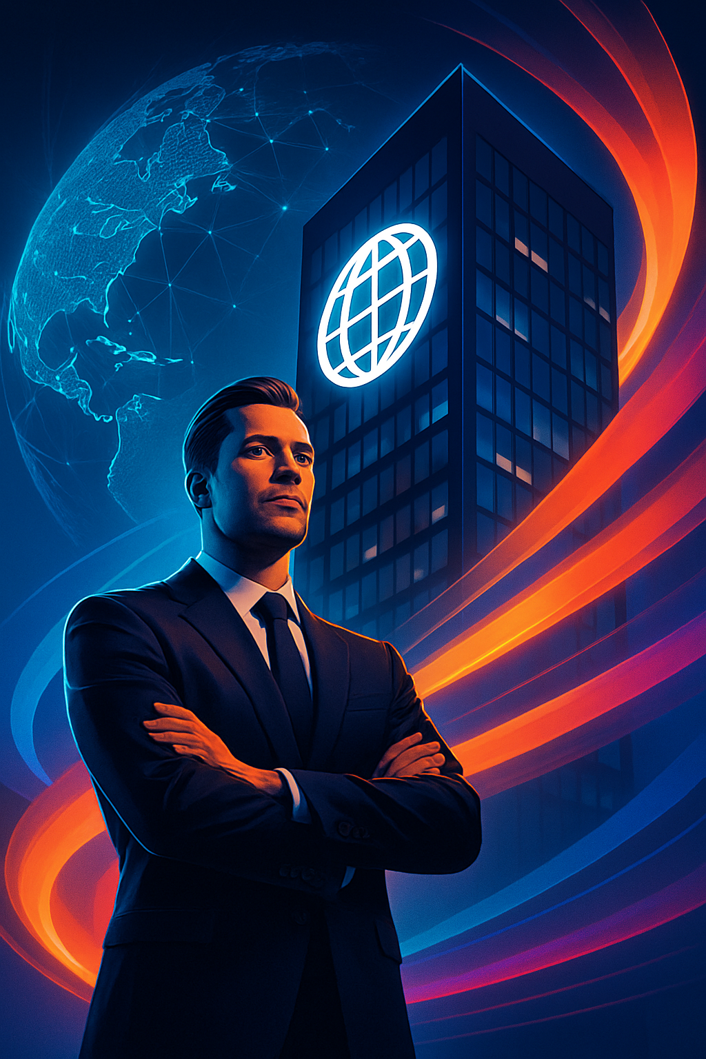 Imagem de um prédio com um logo de empresa global.